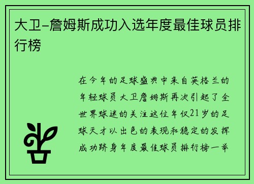 大卫-詹姆斯成功入选年度最佳球员排行榜