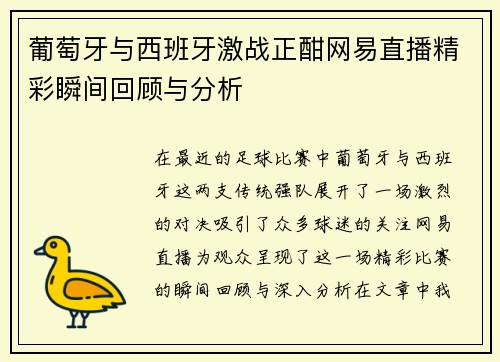 葡萄牙与西班牙激战正酣网易直播精彩瞬间回顾与分析