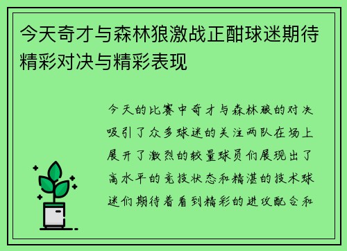 今天奇才与森林狼激战正酣球迷期待精彩对决与精彩表现