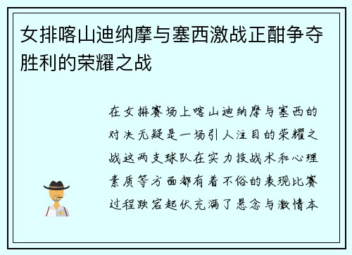女排喀山迪纳摩与塞西激战正酣争夺胜利的荣耀之战