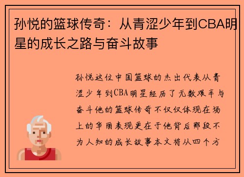 孙悦的篮球传奇：从青涩少年到CBA明星的成长之路与奋斗故事