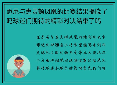 悉尼与惠灵顿凤凰的比赛结果揭晓了吗球迷们期待的精彩对决结束了吗