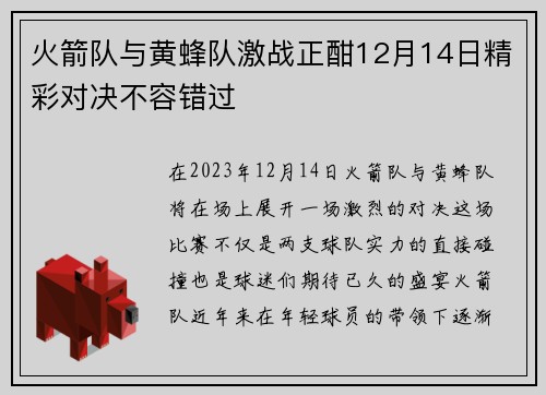 火箭队与黄蜂队激战正酣12月14日精彩对决不容错过