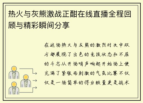 热火与灰熊激战正酣在线直播全程回顾与精彩瞬间分享