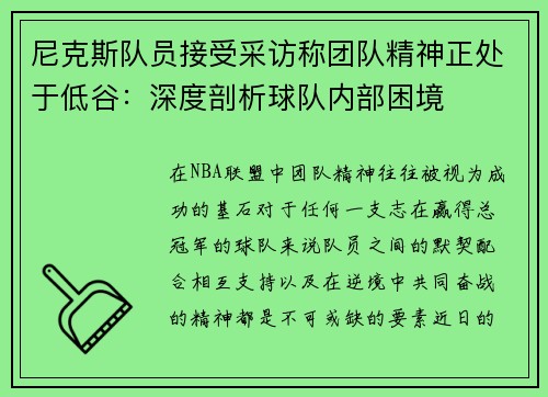 尼克斯队员接受采访称团队精神正处于低谷：深度剖析球队内部困境