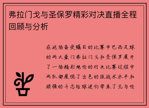 弗拉门戈与圣保罗精彩对决直播全程回顾与分析