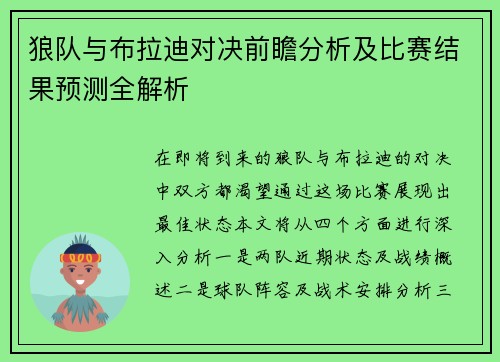 狼队与布拉迪对决前瞻分析及比赛结果预测全解析