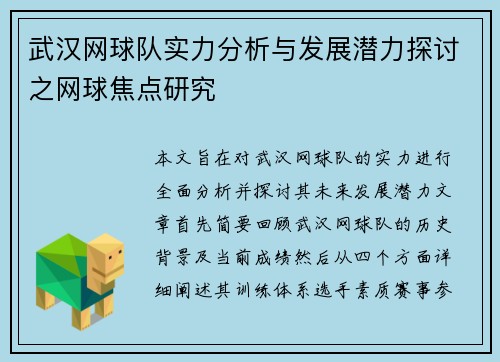 武汉网球队实力分析与发展潜力探讨之网球焦点研究