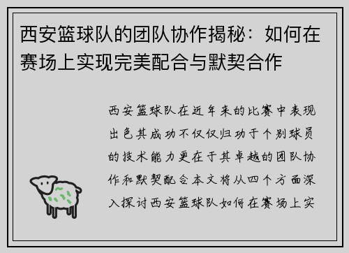 西安篮球队的团队协作揭秘：如何在赛场上实现完美配合与默契合作