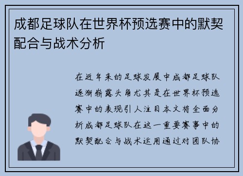 成都足球队在世界杯预选赛中的默契配合与战术分析