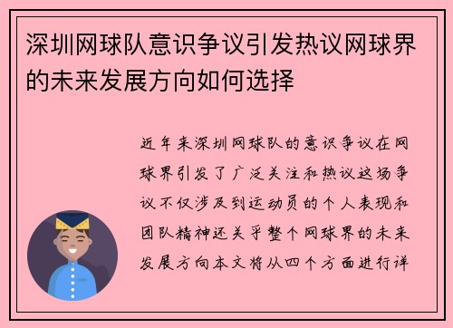深圳网球队意识争议引发热议网球界的未来发展方向如何选择